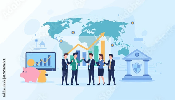 Fototapeta Global business finance and investment data analysis concept with diverse team collaborating around charts, piggy bank, and bank building, representing financial growth and international markets.