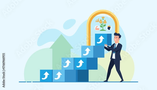Fototapeta A determined businessman in a suit builds a staircase of blue blocks with upward arrows, symbolizing career advancement, business growth, and financial investment, reaching towards a golden archway