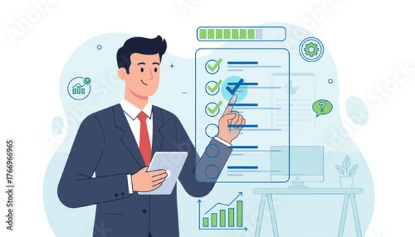 Fototapeta Modern flat illustration of a businessman in a suit and tie checking off items on a digital checklist on a tablet, symbolizing business performance, task management, and successful completion of
