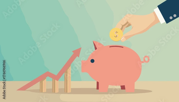 Fototapeta Close-up of a businessman's hand dropping a gold coin with a dollar sign into a pink piggy bank, symbolizing savings and financial growth, next to a rising red arrow graph on a teal background