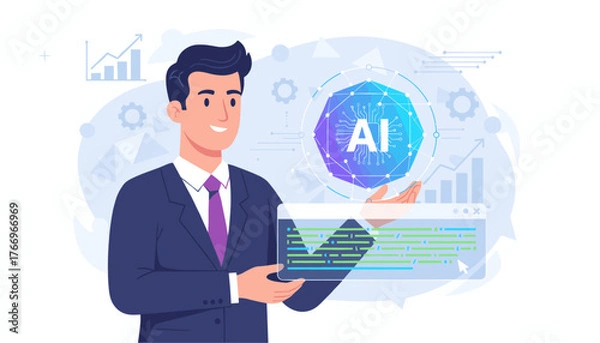 Fototapeta Smiling businessman in a suit presents a glowing hexagonal AI icon with circuit patterns and a digital interface displaying code and graphs, symbolizing artificial intelligence, technology, and