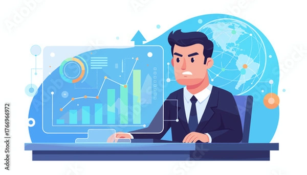 Fototapeta Dynamic illustration of a determined businessman intensely analyzing sales data and growth charts on a futuristic digital interface, with a global network graphic in the background, symbolizing
