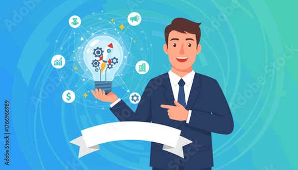 Fototapeta Dynamic businessman in a suit presenting a glowing light bulb filled with startup icons like a rocket, gears, and charts, symbolizing innovation, growth, and new business ideas against a vibrant blue