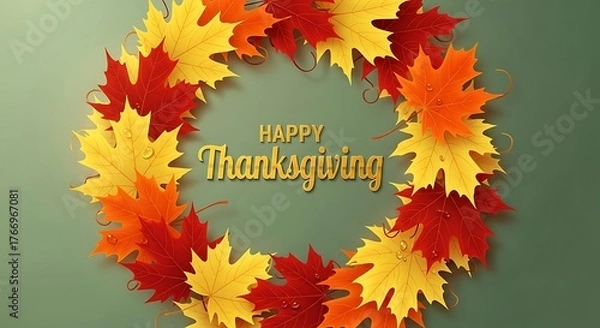 Fototapeta Joyful Thanksgiving greeting with vibrant autumn leaves and a warm, inviting seasonal message