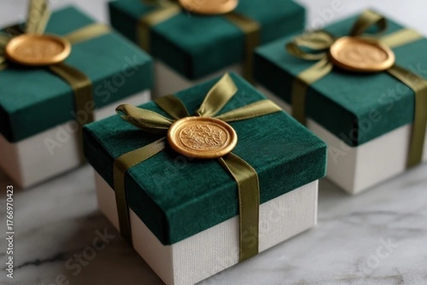 Obraz Closeup of elegant green gift boxes with golden ribbons and wax seals