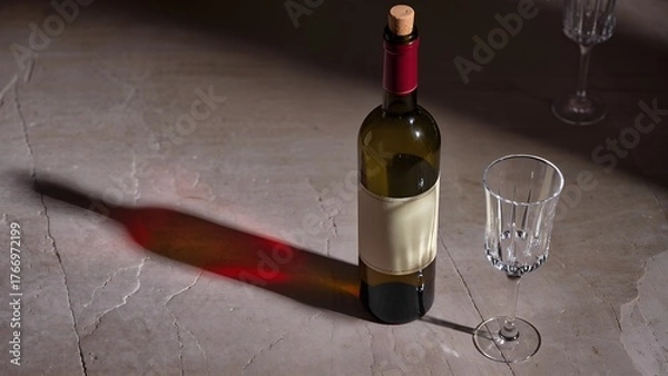 Fototapeta Wine bottle casting a red shadow with empty glasses, dramatic lighting.