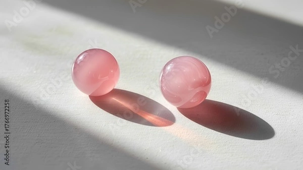 Fototapeta "Echoes of Affection": A minimalist scene featuring two perfectly spherical, polished rose quartz stones. One stone casts a long, soft, peach-colored shadow that gently touches the second stone.