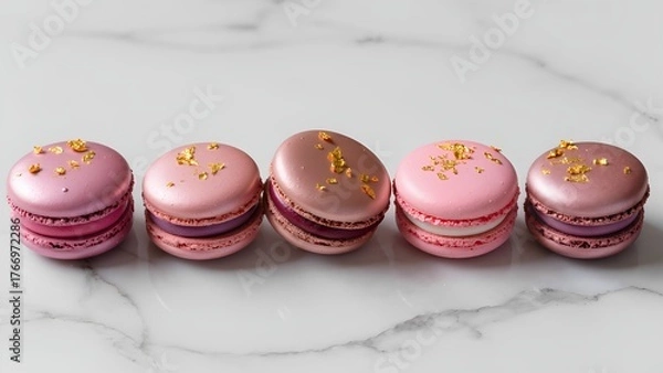 Fototapeta Gourmet macarons with iridescent glaze. Food photography, five perfectly round macarons coated in metallic pink and rose gold glaze, arranged on a marble surface with delicate gold leaf.