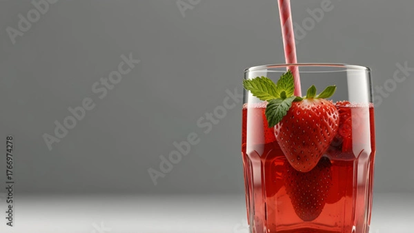 Obraz A tall glass of chilled strawberry juice with a straw placed neatly inside, captured on a white background.