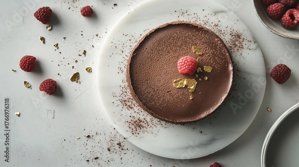 Fototapeta Minimalist top-down photo of a decadent chocolate cake on marble with gold details and raspberries. Sophisticated dessert imagery for luxury food design concepts