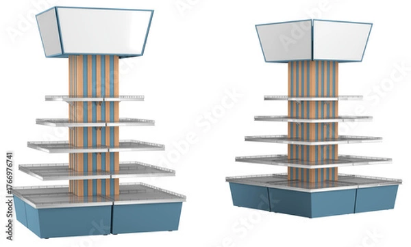 Obraz Supermarket display racks with square central column with blue and brown stripe pattern, square shelves and blue base. 3d illustration transparent background