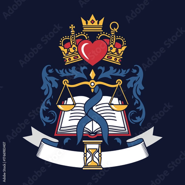 Fototapeta A symbolic coat of arms featuring scales of justice, royal crowns, a heart, and an open book.