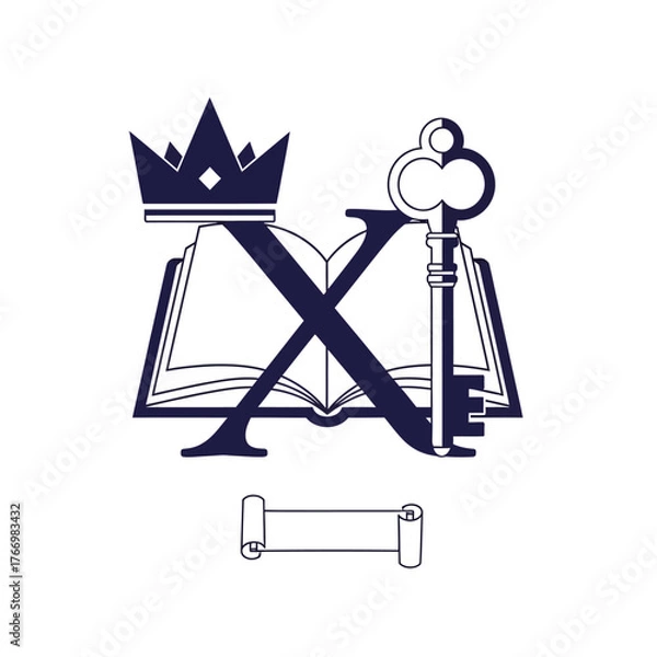 Fototapeta Emblem with Open Book, Crown, Key, Scroll and Letter X in Blue