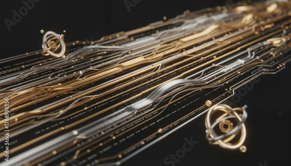 Fototapeta Futuristic technology network in gold and silver, a background for data and innovation