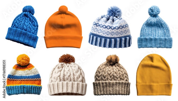 Fototapeta PNG Colorful knitted winter hats collection, element set on transparent background