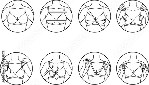 Obraz Bra size measurement guide, step-by-step illustration, fitting process, cartoon torso views, lingerie fitting tips, black vector fashion icons