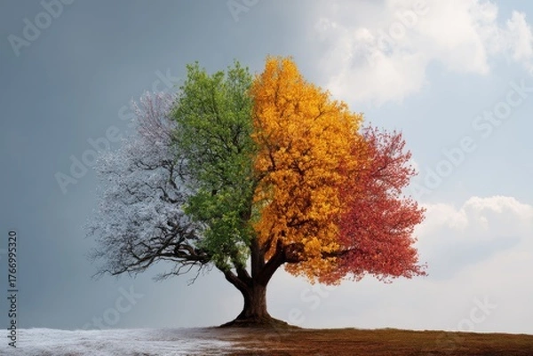 Fototapeta Tree divided into four sections representing seasons with blooming white flowers for spring, lush green for summer, vibrant yellow for autumn, and deep red for wintry contrasts against a cloudy sky