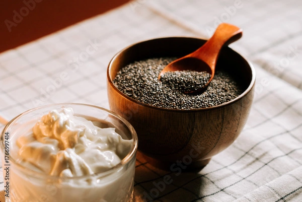 Obraz Roasted chia seeds in a wooden bowl beside a creamy dip on a checkered tablecloth