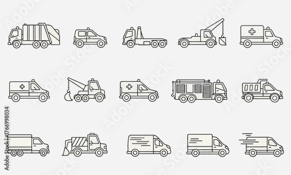 Fototapeta Comprehensive Collection of Outline Icons Featuring Essential Emergency and Public Service Vehicles for Urban Infrastructure and Logistics