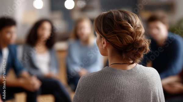 Fototapeta Therapist leading teen group counseling in circle back view of therapist teens in silhouette side angles therapy room defocused mental health support faceless no visible face