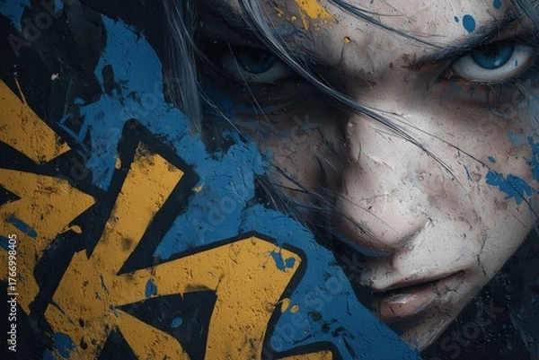 Fototapeta Gamer Portrait with Dynamic Urban Art Overlay.