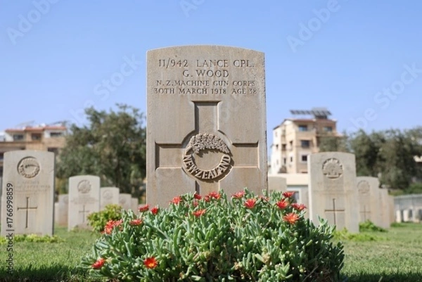 Fototapeta Graves of over 1,200 soldiers from the United Kingdom at the British Commonwealth War Cemetery in Damascus, Syria, who lost their lives during World War I and World War II.
