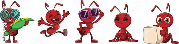 Obraz Cartoon red ant characters, expressive insect poses, playful bug illustration, kids mascot design, cheerful accessories, animated ant pack, fun creature art
