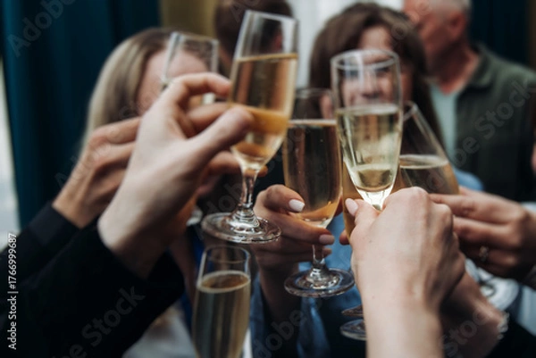 Fototapeta Group of businessmen celebrate acquisition, closing successful merge deal, clinking raise glasses with alcohol, sparkling wine, toasting and cheering, colleagues office team corporate party event