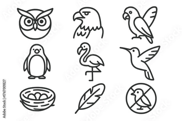 Fototapeta Birdwatching Icon Set. Line style icons of Birdwatching: owl, eagle, parrot, penguin, flamingo, hummingbird, nest, feather, No
