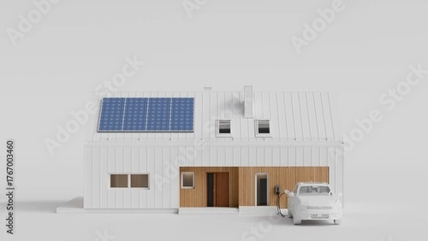 Fototapeta Modern Eco Home with Solar Panels and Electric Car Charging - 3d Render