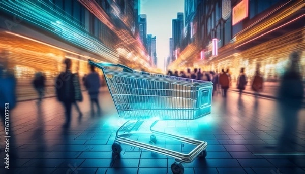Fototapeta digital shopping cart with glowing neon lines represents futuristic city street with blurred shoppers symbolizing online commerce connectivity and urban consumerism