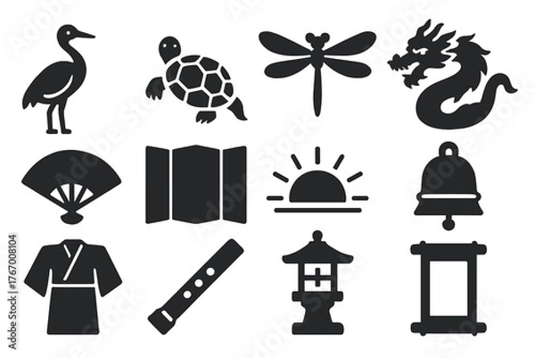 Fototapeta Japanese Symbolism Icons. Solid style icons of Japanese symbolism in gardens: crane bird, turtle stone, dragonfly, dragon carving,