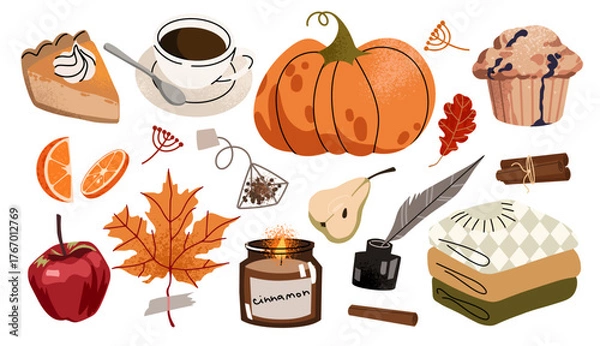 Fototapeta Autumn set, fall clip art, collection with leaf, pumpkins, sweater, coffee, pie. Hand drawn vector illustration.