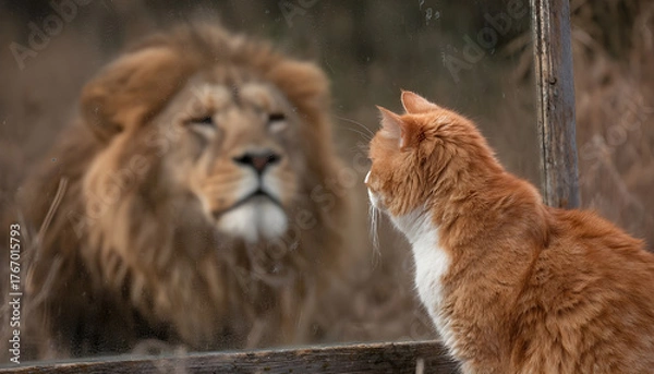 Obraz cat watches its reflection in a mirror, a reflection of a lion