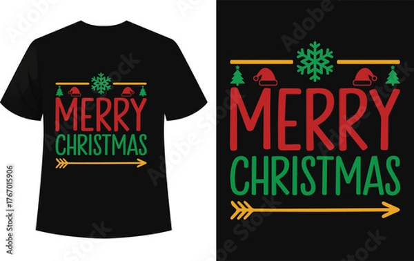 Fototapeta Merry Christmas T-Shirt Design with Snowflake, Tree, Hat, Arrow, Red and Green Colors