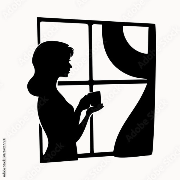Fototapeta Silhouette of a woman holding a cup by a window with curtains in black and white illustration art