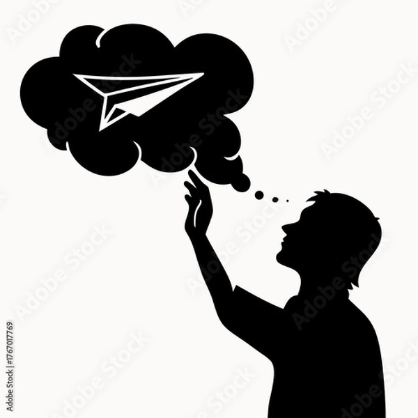 Obraz Silhouette of a man reaching for a thought bubble containing a paper airplane illustration in black and white