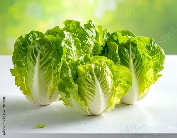Obraz Crisp, vibrant lettuce heads arranged on a white surface with a soft-focus green background