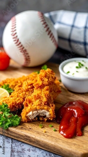 Obraz Crispy, golden-brown tenders next to a baseball and condiments