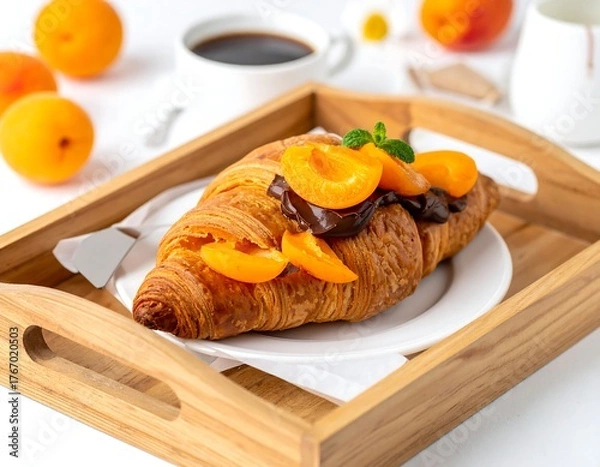 Obraz Croissant with apricots and chocolate on a wooden tray