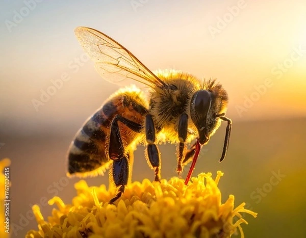 Obraz Close-up view of a bee collecting nectar from a yellow flower during sunset