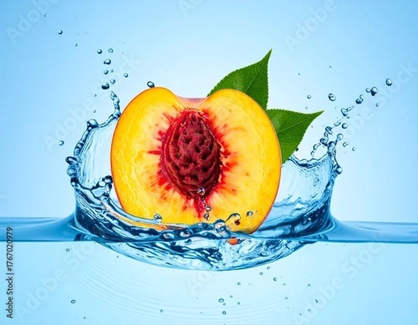 Obraz Cross-section of a peach with green leaves amidst a water splash