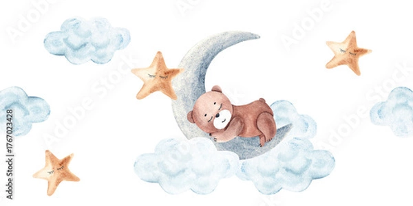 Fototapeta Watercolor sleeping bear on moon with stars and clouds, hand painted baby seamless border, pattern for nursery, baby shower and wall art.