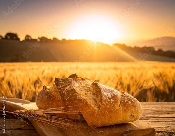 Obraz Crusty bread on a board with wheat and a sunset backdrop