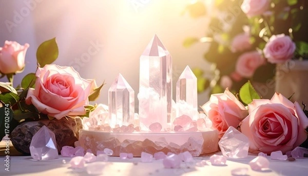 Obraz Crystals and roses illuminated by sunlight, evoking serenity and beauty