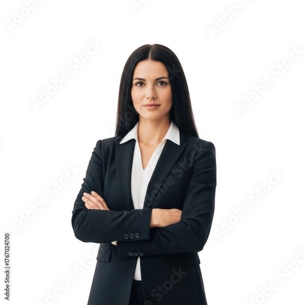 Fototapeta Professional young woman confidently posed in a dark suit and white blouse with arms crossed isolated on transparent background