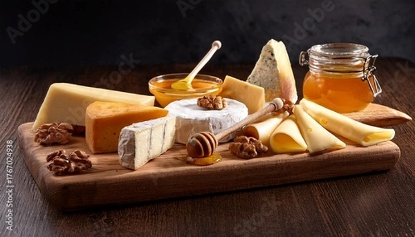 Obraz assorted cheese platter with honey and serving utensils on wooden board