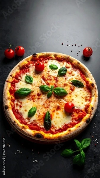 Obraz Close-up view of a freshly baked pizza with tomatoes and basil garnish