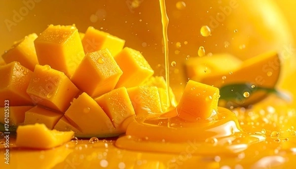 Obraz Cubed yellow fruit being poured with juice, vibrant splash and drops