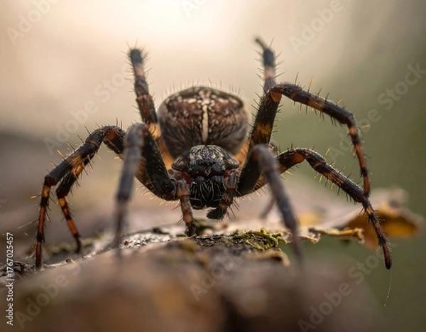 Obraz Close-up view of a large, hairy spider on a blurry log